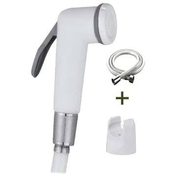 White hand sprayer with hose and holder