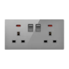 Double socket with USB, grey glass
